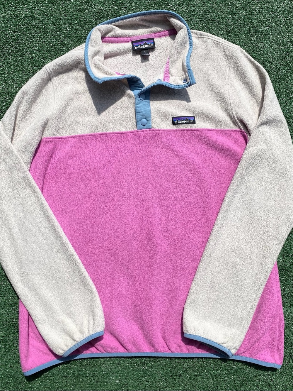 Patagonia Micro D Snap-T Fleece Pullover Cream & Pink Colorblock Women’s Large